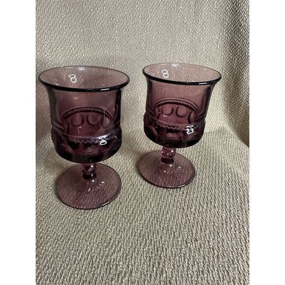 Vintage Amethyst purple thumbprint wine glass water goblet set of two - Picture 5 of 8